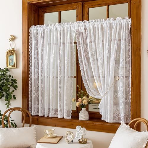Tolldek Scheibengardine Bistrogardine Lang Blickdicht Vorhang Privatsphäre Fenstervorhang Gardine Schals Scheibengardinen Fensterschal für Küche Wohnzimmer Landhaus 2er-Set H60xB140cm