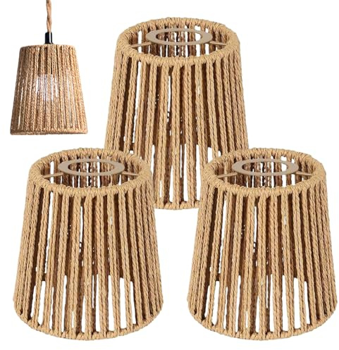 3 Stück Lampenschirm Rattan Boho, Ersatz Lampenschirme aus Korbgeflecht (H 14cm) für Hängelampe, Stehlampe, Tischlampe, Pendelleuchte und Deckenleuchte, Boho Lampenschirm Zubehör (Stil 2)