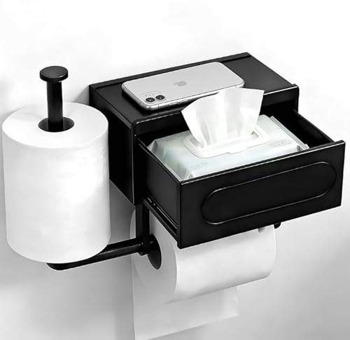 2-in-1 Toilettenpapierhalter Ohne Bohren Schwarz,Klopapierhalter mit Feuchttücherbox,Wc Papier Halterung Rollenhalter mit Kleber,Klorollenhalter mit Ablage für Badezimmer,Toilette