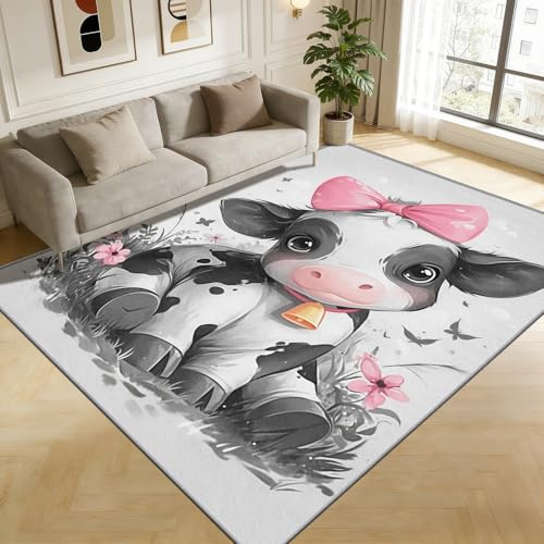 TerroVee Kuh Teppich Schlafzimmer, Süß Kalb Tiere Teppich 120x170 cm, Kinderzimmer Bauernhoftiere Waschbar Kurzflor Antirutsch Teppiche Für Wohnzimmer Schlafzimmer, Weiß Rosa