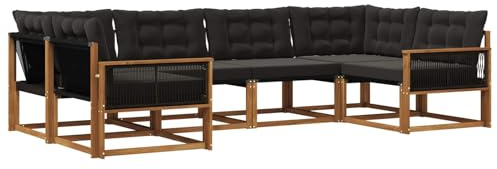 vidaXL Outdoor-Sofagarnitur mit Kissen 6 pcs Natürlich und Schwarz, Garten-Sofa, modernes Outdoor-Sitzset, strapazierfähige Terrassenmöbel, gemütliche Lounge für Dein Wohnzimmer