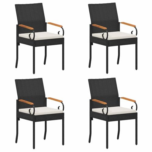 vidaXL Gartenstühle 4 pcs Schwarz und Cremeweiß Poly-Rattan und Akazie, Akazienstühle, rechteckige Sitzgelegenheit, wetterfeste Polyrattan-Gartenmöbel, bequemes Design
