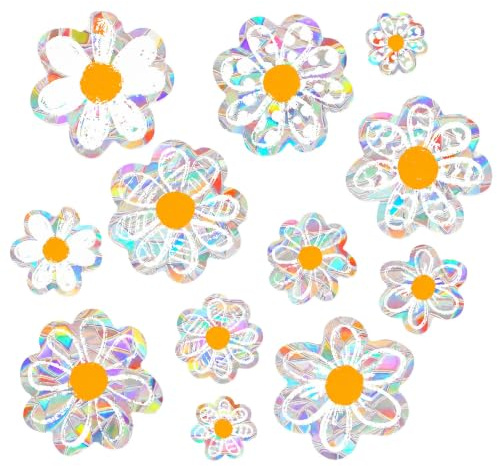 KIPTVO 12Pcs Daisy Suncatcher Window Stickers, Sun Catchers for Windows, Anti-Collision Flower Clings for Glass, Rainbow Prism Sun Catchers, Summer Decor, Reusable Decals to Deter Birds