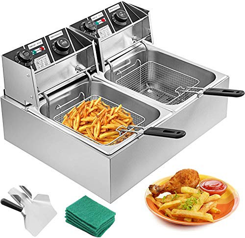 Chaneau 20L 5000W Friteuse Electrique INOX Friteuse Commerciale en Acier INOX à Double Réservoir Friteuse avec 2 Paniers