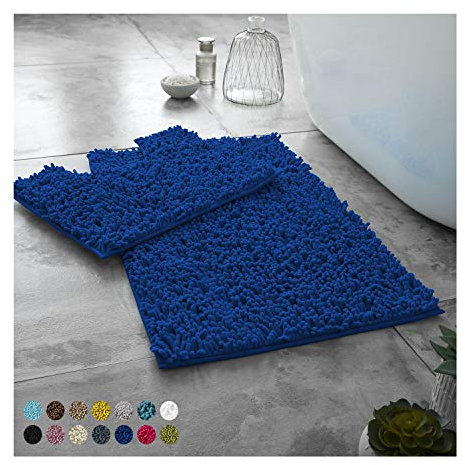 Lions Luxury 2 Piece Loop Bath Mats for Bathroom - Non Slip Chenille Bath Mat Set Rugs, Extra Soft with Water Absorbent Pedestal Bathmat Shower Toilet Mat, Royal Blue