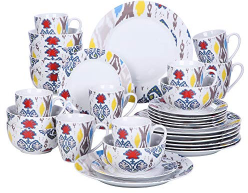 VEWEET Geschirrset 8 Personen, 32-tlg. Porzellan Tafelservice, Boho Kombiservice mit Speisetellern, Desserttellern, Müslischalen und Kaffeebechern, Spülmaschinen- & Mikrowellengeeignet, Serie BETULA