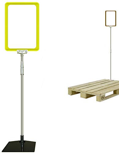 4 Plakatständer DIN A4 Rahmen gelb, Teleskopständer höhenverstellbar bis 1510 mm mit Teleskoprohr ALU Kunststoff, Fuß eckig 160x192 mm Stahl schwarz, Kundenstopper, Aufsteller für Paletten Ware