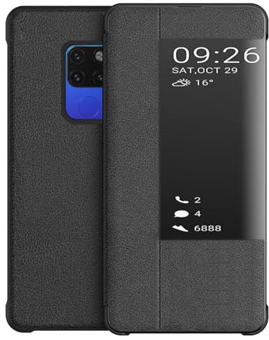 KANSI kompatibel mit Huawei Mate 20 Hülle, Smart View Flip Kunstleder Hülle + Schutzfolie - Schwarz