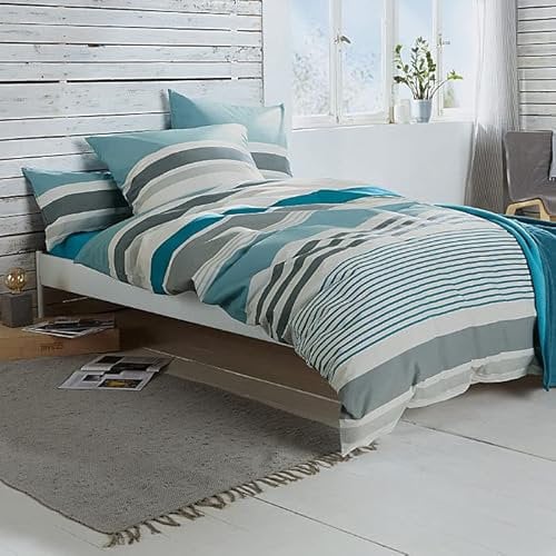 REDBEST Bettwäsche, Bettgarnitur Renforcé türkis Größe 40x80 cm / 200x200 cm - mit praktischem Reißverschluss anschmiegsam, strapazierstark, 100% Baumwolle