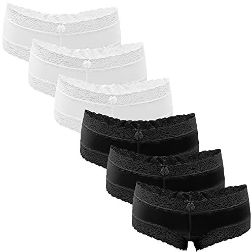 Fabio Farini - 6er Pack Damen Panties Hipster mit verführerischen Spitzendetails - Frauen Unterhosen Slips Brasil Spitze Set Unterwäsche 3X Schwarz/3x Weiß 44-46