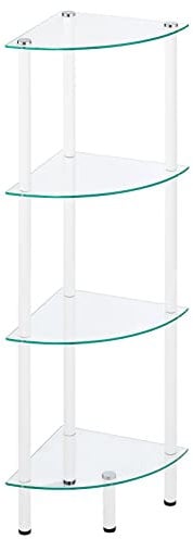 mDesign Eckregal – freistehendes Regal mit 4 Ebenen für Badezimmer, Flur, Büro oder Schlafzimmer – Regal aus Glas und Metall – weiß/transparent
