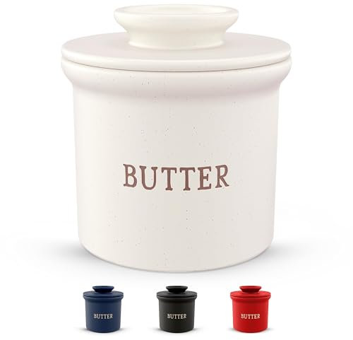 Kook Butter Crock with Lid, Soft Spreadable Butter, Ceramic French Butter Keeper to Leave On Counter with Water Line, Butter Dish, Home and Kitchen Decor (Matte Oatmeal, 12.4)