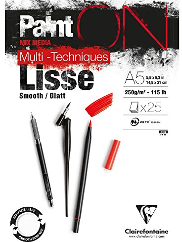 Clairefontaine 975728C - Malblock Paint'On, kopfseitig geleimt, 25 Blatt Zeichenpapier glatt, DIN A5, 14,8x21 cm 250g, Weiß, 1 Stück