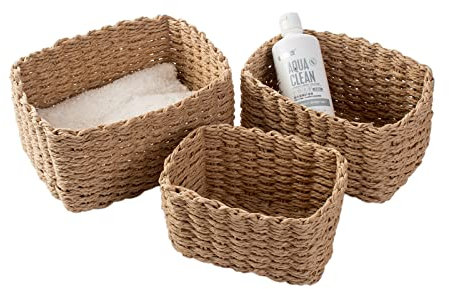 Aufbewahrungskorb, 3er Set aus Korb Geflochten Aufbewahrungskörbe, Aufbewahrungsboxen für Accessoires Schminke, Badezimmer Organizer, Wickeltisch Organizer, Kleiner Korb bathroom storage(Gelb)