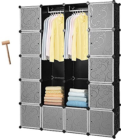 Lospitch Kleiderschrank, Tragbarer Regalsystem, 20 Würfel DIY Regalsystem Kleiderschrank Offen Kunststoff Garderobe mit Türen Garderobenschrank Schwarz 180 x 142 x 37CM