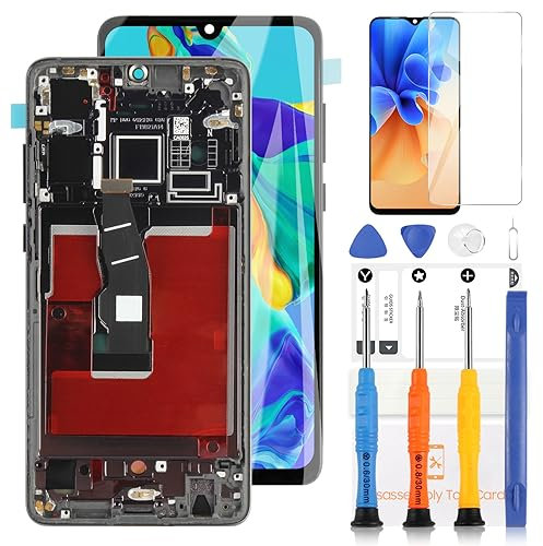 OLED Ersatzbildschirm für Huawei P30 ELE-L09, 15,5 cm (6,1 Zoll), P30 ELE-L29 ELE-AL00, LCD-Display, Touchpanel, Digitalisierer, Glas Set (mit Fingerabdruck-Sensor) (Schwarz mit Rahmen)