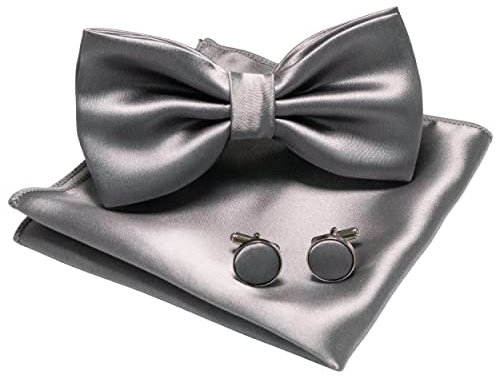 JEMYGINS Herren Fliege Grau 5 Satin Fliege und Einstecktuch mit Manschettenknöpfe Sets
