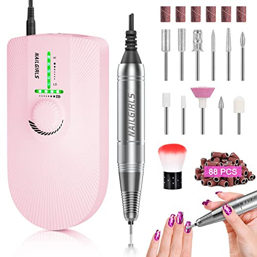 Elektrischer Nagelfräser für Gelnägel,NAILGIRLS Tragbar 11 in 1 Profi Nagelfeile Elektrisch,Nagel Fräsmaschine Gelnägel 35000 U/Min Einstellbar,Nail Drill Fräser für Gelnägel mit USB Aufladung (Rosa)
