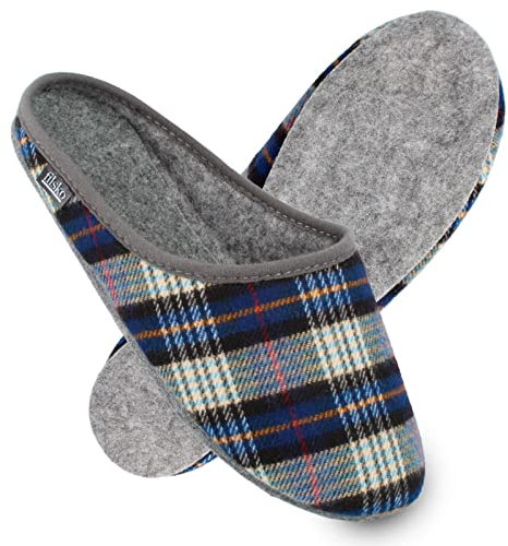 filsko® - Hausschuhe Herren - Hausschuhe Damen - Filzpantoffeln - perfekt bei kalten Fußböden - Dicke Filzlaufsohle - Federleicht nur 170g - Blau Kariert - 38 EU