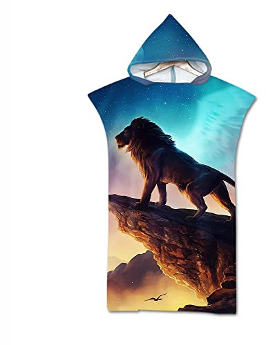 Surwin Poncho de Bain avec Capuche pour Hommes Femmes, Loup Animal Microfibre Serviette de Poncho Poncho de Surf Plage à Capuche Serviette à Changement Peignoir de Piscine (Le Roi Lion 2,75x110cm)