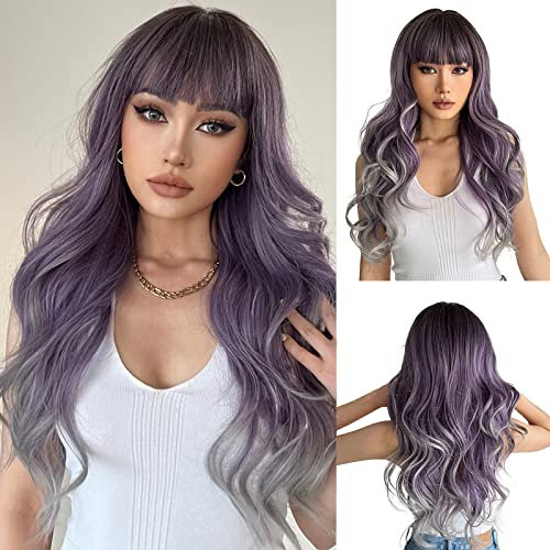 Esmee 24 Zoll Lange Gewellte Ombre Lila bis Grau Perücke mit Pony für Frauen Natürliches Synthetisches Haar Hitzebeständig Ombre Perücken mit Dunklen Wurzeln für die Tägliche Party Cosplay Tragen