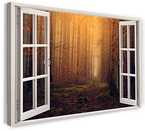 Printistico Bilder Fensterblick 60x40cm Baumwoll-Leinwand auf Keilrahmen mit Aufhänger moderner Kunstdruck XXL Wandbilder Wand-Dekoration Nebel Wald Blätter Herbst Pflanzen - Natur-Fotografie