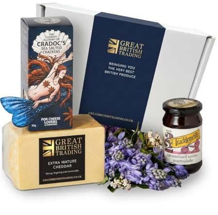 English Cheese Gift Hamper with 1KG English Cheddar, Sea Salted Crackers, and Caramelised Onion Marmalade. British Gifts ideal for any occasion from GREAT BRITISH TRADING LIMITED