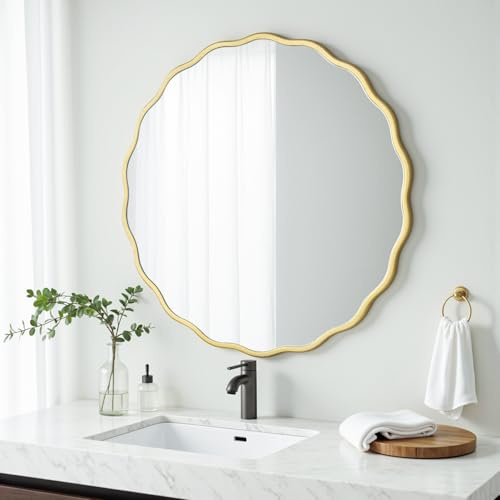 H HOMEWINS Goldener runder Spiegel für die Wand, 45,7 cm, goldfarbener Kreis, gewellt, Badezimmer, Bauernhaus, Schminktisch, Holz, großer unregelmäßiger Spiegel für Schlafzimmer, Eingangsbereich