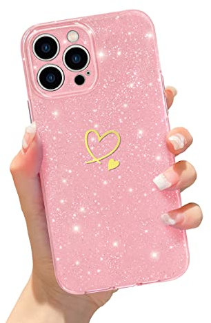 Newseego Glitter Case Compatible with iPhone 13 Pro Max Case Girls Women, Sparkly Bling Cute Golden Heart Pattern Design Case Soft Silicone Shockproof Protective Cover for iPhone 13 Pro Max-Pink