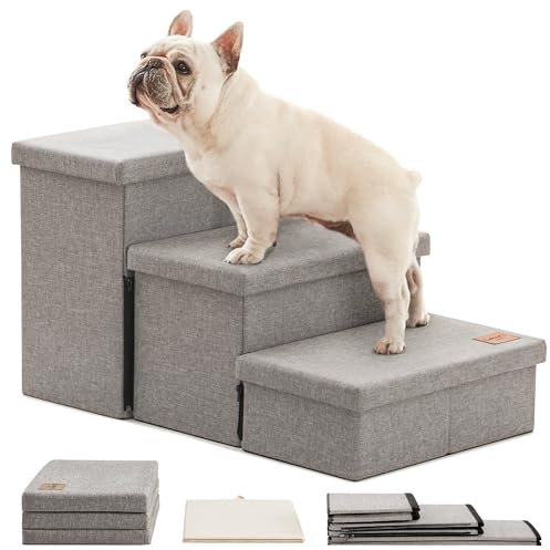 Love's cabin Dog Stairs for High Bed 18H,Foldable Pet Stairs for Small Medium or Large Dogs Puppy with Storage for Bed or Couch, Cat Dog Steps Ramp with Zip up to 200 lbs(Solid Grey,3 Steps no Condo)