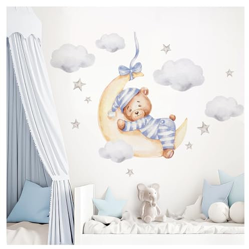 DEKO KINDERZIMMER Wandsticker Bär mit Mond Kinderzimmer Wandtattoo Wandaufkleber Wolken Sterne Babyzimmer Wanddeko DK1063-2