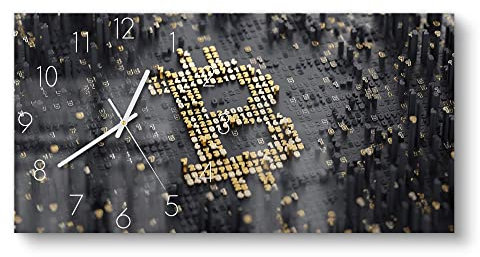 DEQORI Glasuhr | vertikal 60x30 cm | Motiv Bitcoin Währungszeichen | große XXL Design Uhr aus Glas | leise Wanduhr für Wohnzimmer & Küche | Moderne Hingucker Uhr für die Wand