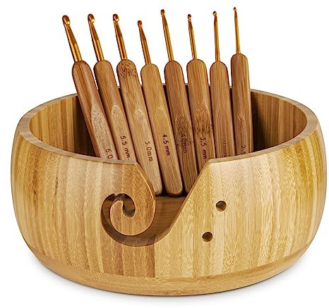 Soporte para cuenco de hilo de madera, cuenco para tejer con 8 ganchos de ganchillo de metal, dispensador de hilo grande de 7.9 pulgadas, cuencos de almacenamiento de hilo, regalo para tejedores y