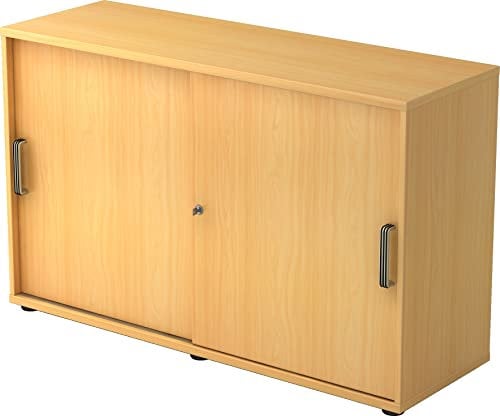 bümö Schiebetürenschrank 2OH - Aktenschrank abschließbar, Sideboard Schrank mit Schiebetüren in Buche, Streifengriff - Büroschrank aus Holz mit Schiebetür, Büro Kommode für Ordner & Co.