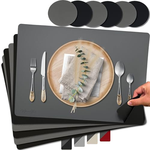Mahewa® 6er Set Premium Tischset aus Kunstleder - Platzset abwaschbar und wasserdicht - Platzdeckchen Telleruntersetzer in Lederoptik (Dunkelgrau/Schwarz, Eckig)