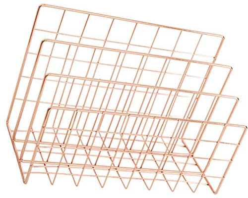 Tnfeeon Eisen-Desktop-Bücherregal, 3 Gitter, Briefhalter, Glänzende Ecken für den Hausgebrauch (Roségold)