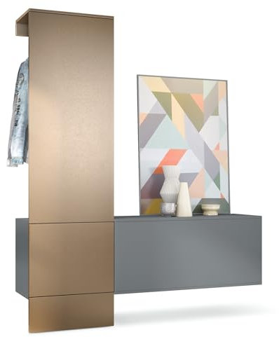 Vladon Garderobe Carlton Set 4, Made in Germany, Wandgarderobe aus Deko-Paneel & Hängeschrank für Schuhe, Anthrazit matt/Bronze Optik (156,5 x 193 x 35 cm)