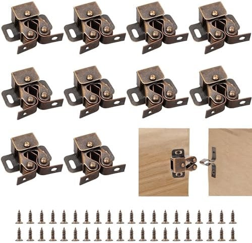 YEYIT Doble Rodillo Gabinete Pestillo Puerta 10 piezas pestillos para armarios cierre puerta armario con 40 tornillos para armarios, muebles(Bronce)