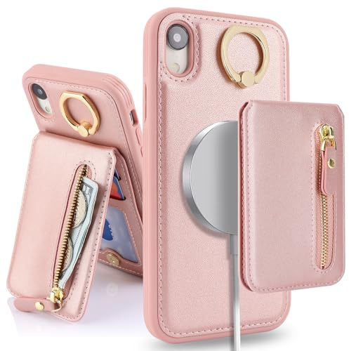 SailorTech Phone Case for iPhone XR Phone Case with Card Holder, Cover for iPhone XR Case Ring Stand with Kickstand Card Slots Wallet Detachable 2-in-1 Zipper Case - Pink