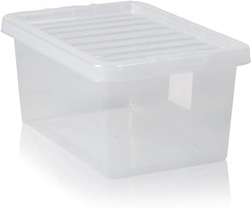 Checkmart PACK OF 2 Large Storage Box with Lid Strong Plastic Stackable Nestable Container Home Office Clear (14 Litre)