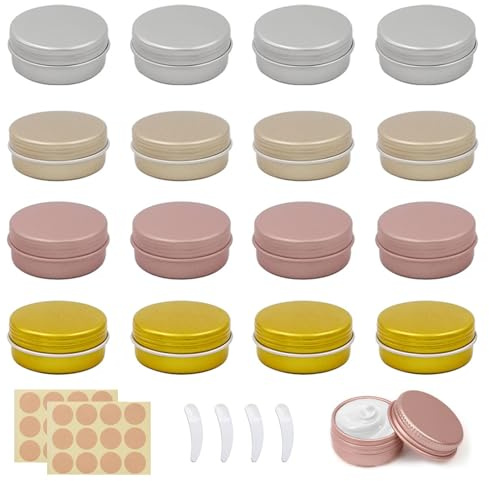 WestCH Aluminium Leer Döschen 16 Stück Rund Reise Cremedose Tiegel 25ml | Kosmetikdöschen Mit 24 Runden Aufklebern und 4 Spatel für Kosmetik, lippenbalsam, Lotion, Creme, DIY Kerze, Nagelkunst