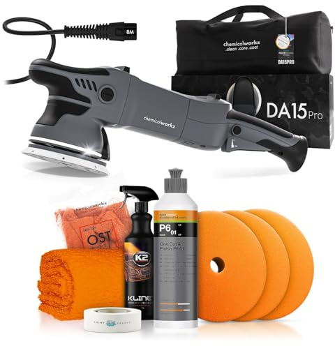 Poliermaschinen Set: chemicalworkz DA15 Pro Exzenter Poliermaschine + Koch Chemie One-Step Politur + Royal Pads Polierpads + Zubehör - Auto Lack Politur, Kratzer entfernen, Aufbereitung | 8-teilig