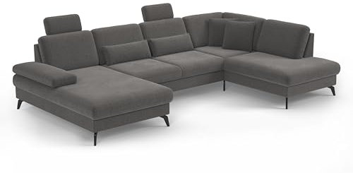 Cavadore Wohnlandschaft Moritz / Sofalandschaft mit Longchair, Bett, Bettkasten, Sitztiefenverstellung, Kopfstützen und mattschwarzen Metallfüßen / 335 x 82-107 x 212 / Flachgewebe, Grau