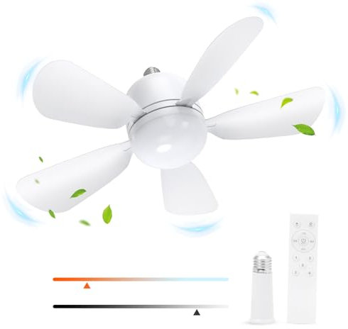 OQIMAX Ceiling Fan with Light, 20W Dimmable Socket Fan Light with Remote Control, 5 Speeds 3 Colors (3000-6000K), 5 Blades Fan Lights Ceiling, Suitable for Bedroom, Children's Room, Kitchen, Garage
