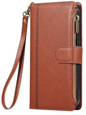 Wuhaizher OPPO A57/OPPO A77 Case Zipper Pocket Shockproof Leather Flip Folio Wallet Case with Stand Card Holder Silicone Bumper Zip Cover for OPPO A57/OPPO A77 Phone Case Men Women, Brown