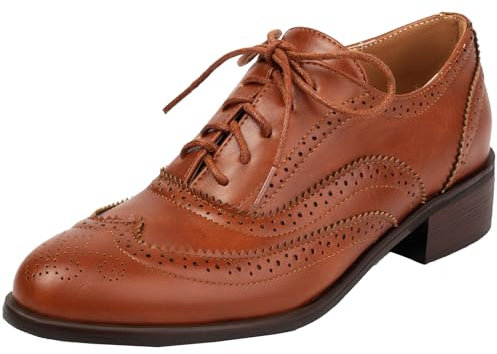 Onewus Zapatos Oxford de tacón bajo y cierre de cordones para mujer, estilo retro casual, marrón, 40 EU