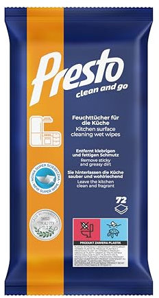 Presto Lingettes Nettoyants pour la Cuisine - Enlèvent Efficacement la Saleté Grasse et Collante - pour Nettoyer les Armoires, les Comptoirs, les Hottes, les Robinets de Cuisine - 12x72 Pcs