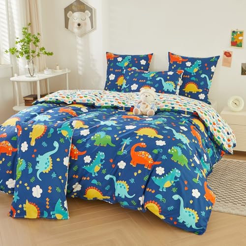 Luowei Kinder Bettwäsche 155x220 cm Baumwolle Cartoon Dinosaurier Kinderbettwäsche Weiß Blau Grün Jungen Mädchen Baby Bettwäsche Set 3 Teilig mit Reißverschluss und Kissenbezug 80x80