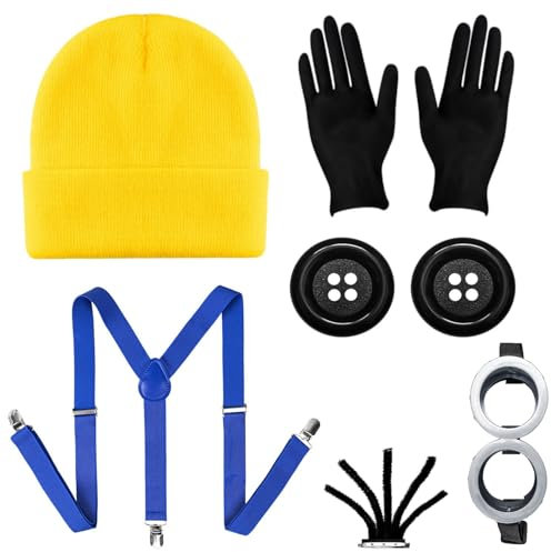 Humairc Cospaly Kostüm Damen Kinder Karneval Mütze Cosplay Brille Handschuhe Knöpfe Hosenträger Karneval Party Karneval Kostüm für Damen Herren Kinder (Blau)
