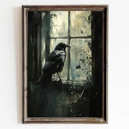 Kunstdruck mit dunklem Raben, schwarze Krähen Bild, schwarzer Vogel, Gothic-Krähen-Gemälde, Retro-Vogeldrucke, dunkle Akademie, Gemälde, schwarzer Rabe, Wandkunst, dunkle Akademie, Tierposter, 40,6 x